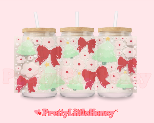 Red Bow Green Tree Flowers Christmas Wrap